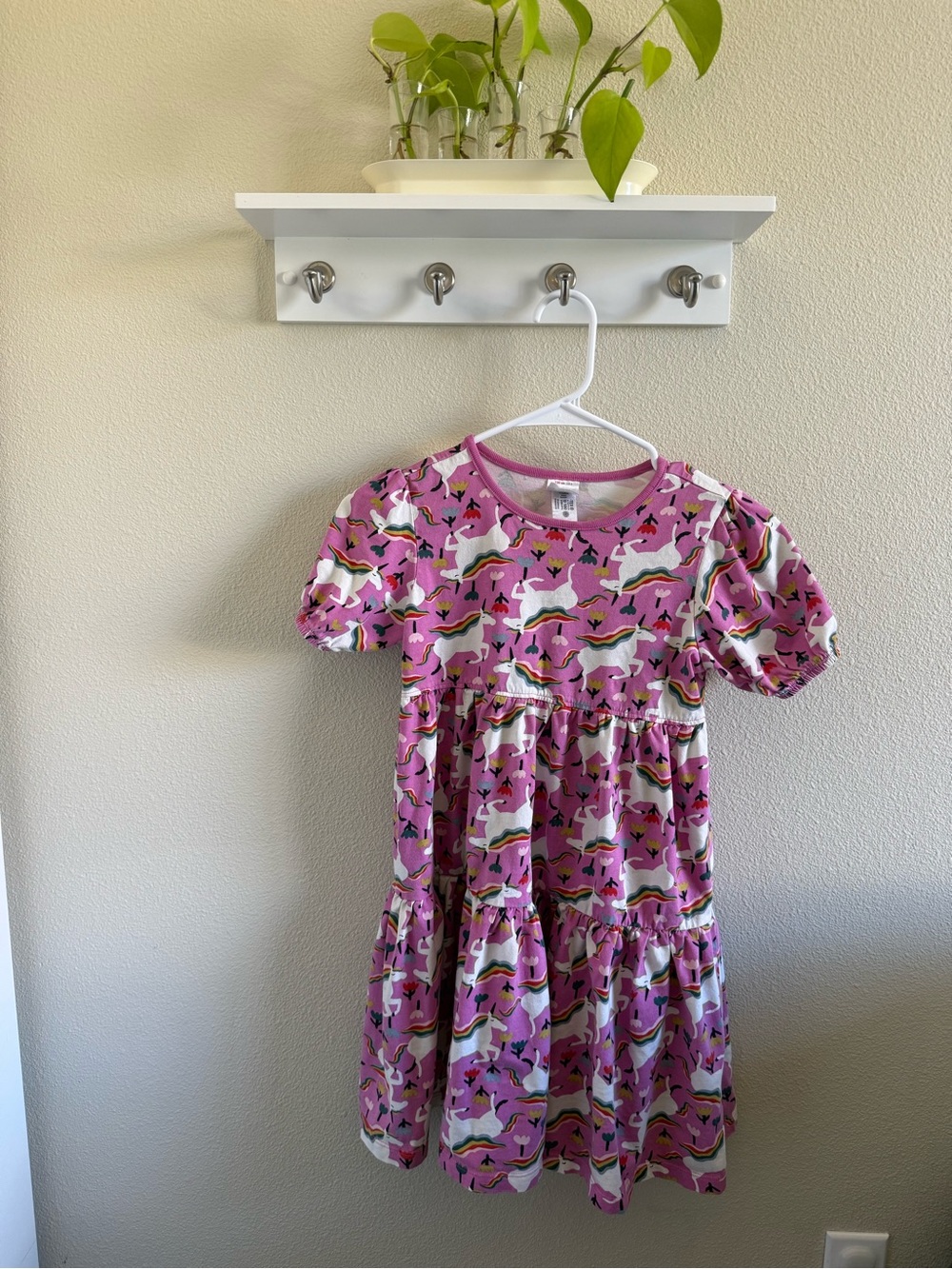 Hanna Andersson Pink Unicorn & Rainbow Tiered Dress - Puff Sleeve Knit